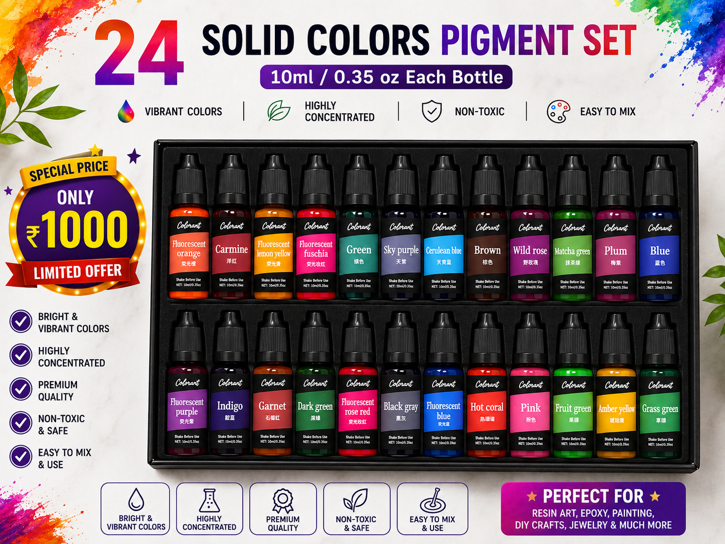 Colorant Alcohol Ink  Set – 24 Vibrant Shades (10ml Each)