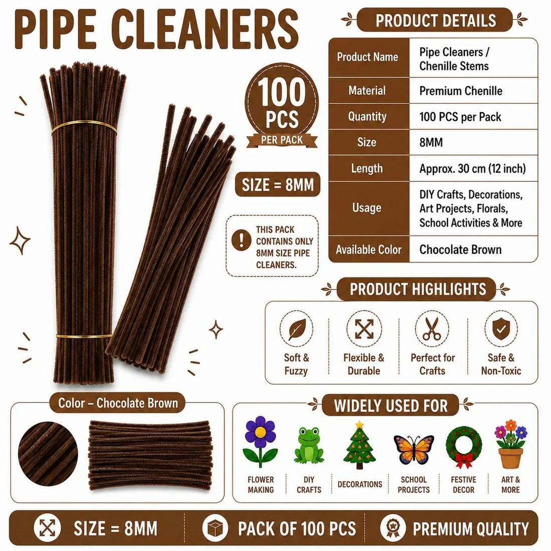 Premium Pipe Cleaners (7-8MM Approx.) (Chocolate Brown)